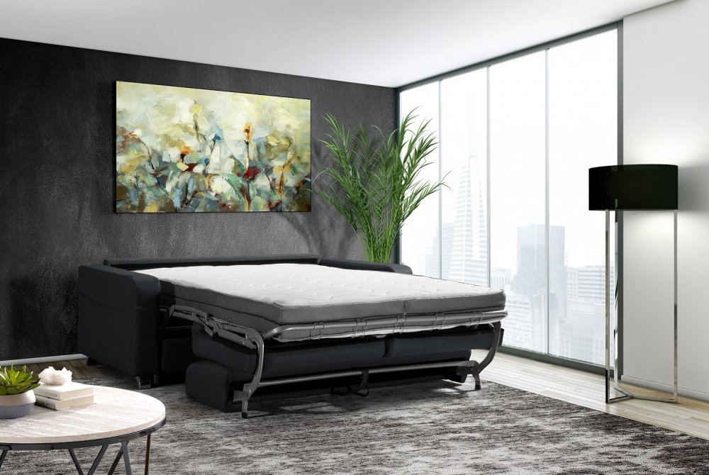 Canapé convertible express DOMUS 140cm matelas 18cm sommier lattes tissu gris anthracite