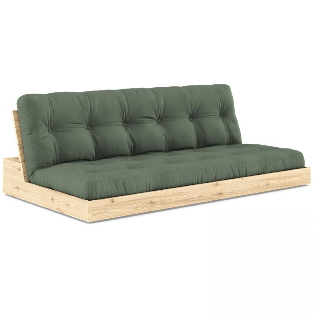Canapé lit futon BASE vert olive couchage 130cm dossiers coffres