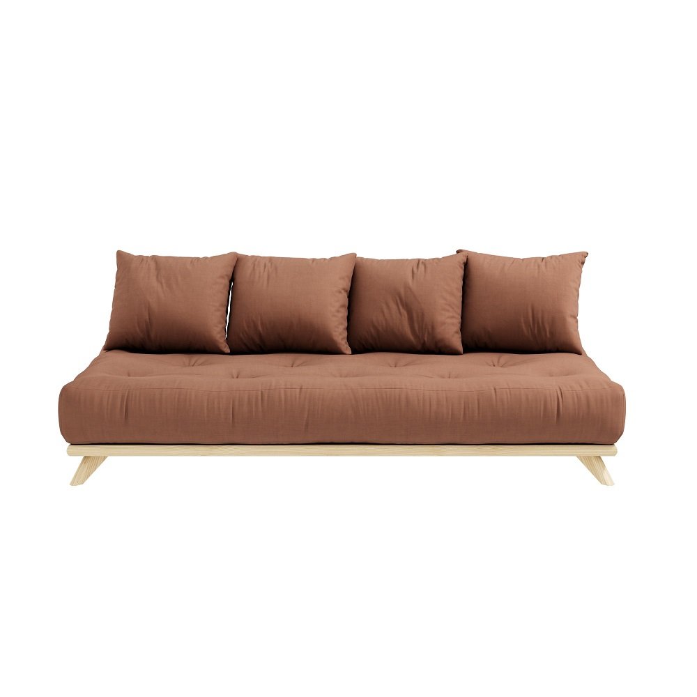 Canapé convertible futon SENZA pin naturel coloris brun argile couchage 90 cm.