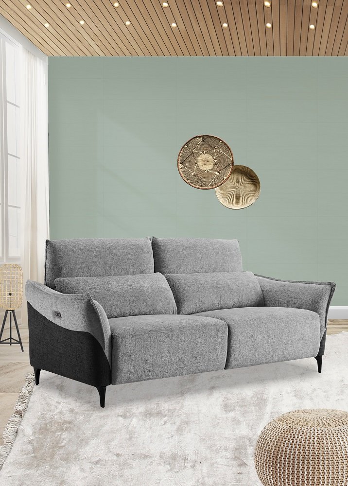 Canapé 3 places relax électrique CROWN têtière réglable tissu chenillé gris anthracite & carbone