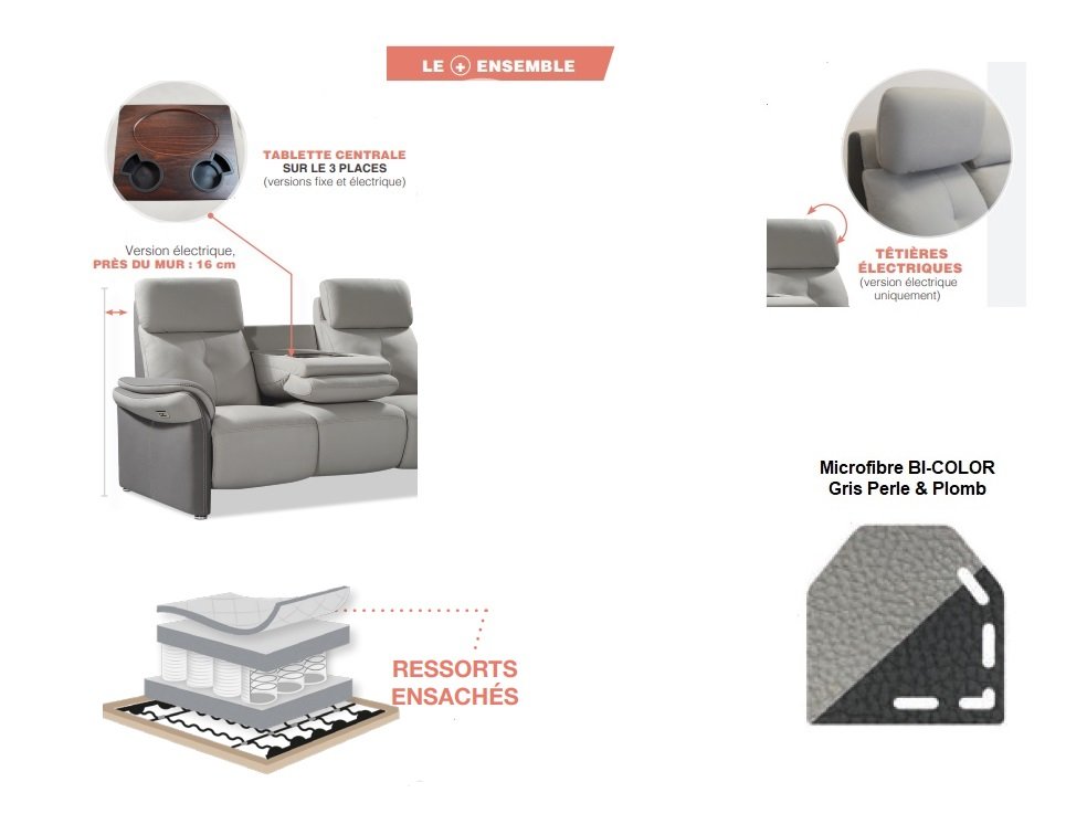 Canapé relax 3 places électrique GELLIN microfibre gris perle / plomb têtières électriques