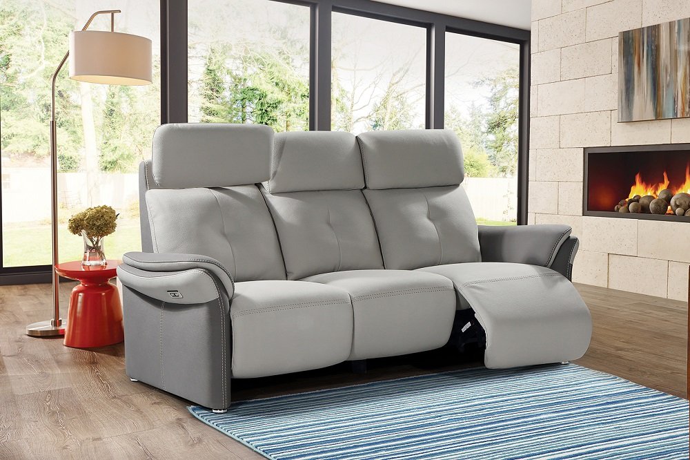 Canapé relax 3 places électrique GELLIN microfibre gris perle / plomb têtières électriques