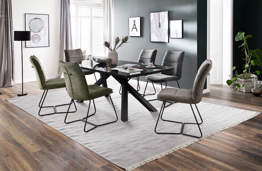 Lot de 2 chaises design HALSOU tissu cappuccino et pieds métal laqué noir