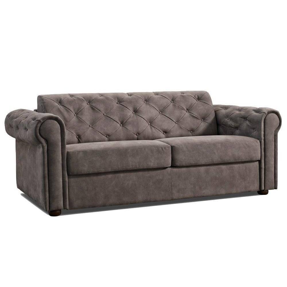 Canapé 3-4 places CHESTERFIELD Convertible Express 160 cm sommier lattes matelas 16 velours gris éléphant