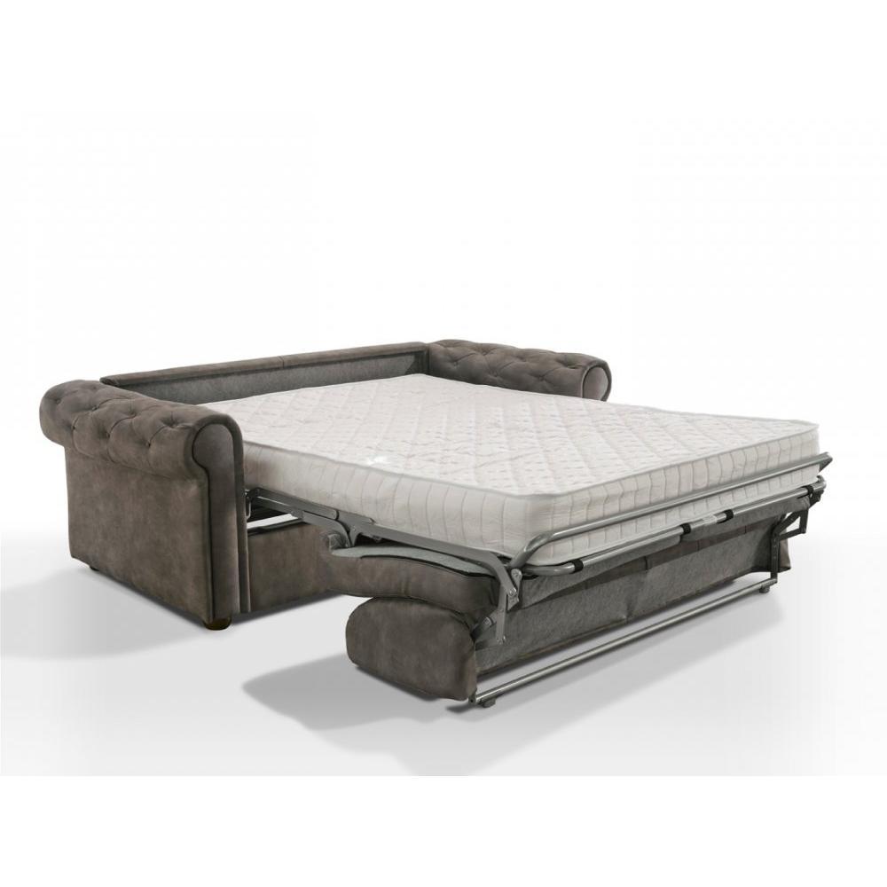Canapé 3-4 places CHESTERFIELD Convertible Express 160 cm sommier lattes matelas 16 velours gris éléphant