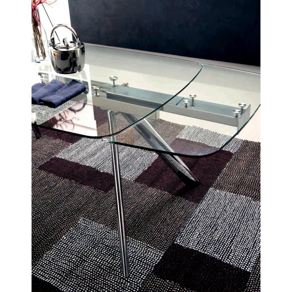 CHRONOS Table repas extensible, plateau en verre, piétement en métal chromé