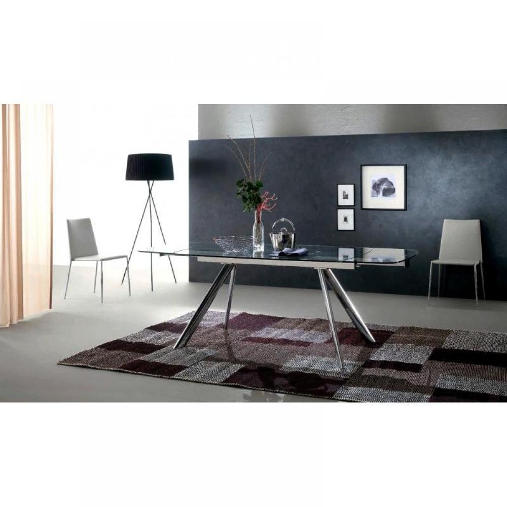 CHRONOS Table repas extensible, plateau en verre, piétement en métal chromé