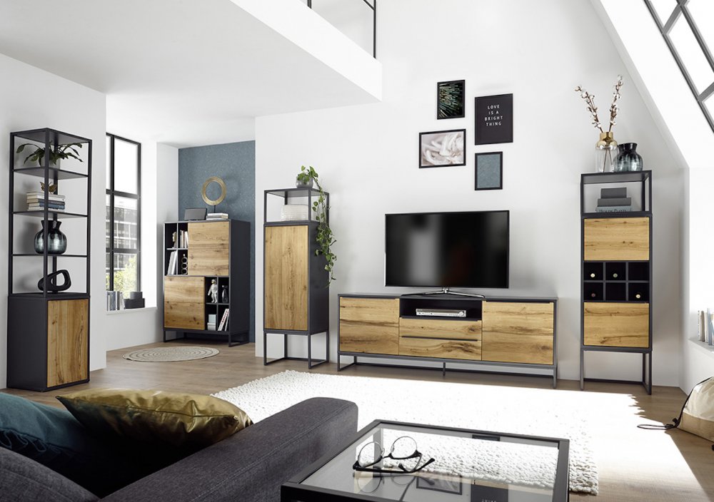 Commode ABOU chêne, gris anthracite 2 portes 8 niches piètement metal noir
