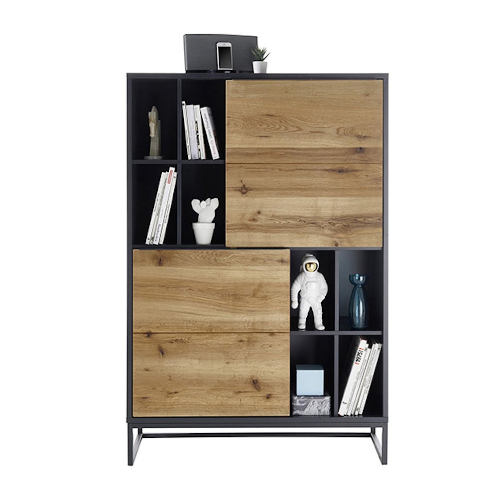 Commode ABOU chêne, gris anthracite 2 portes 8 niches piètement metal noir