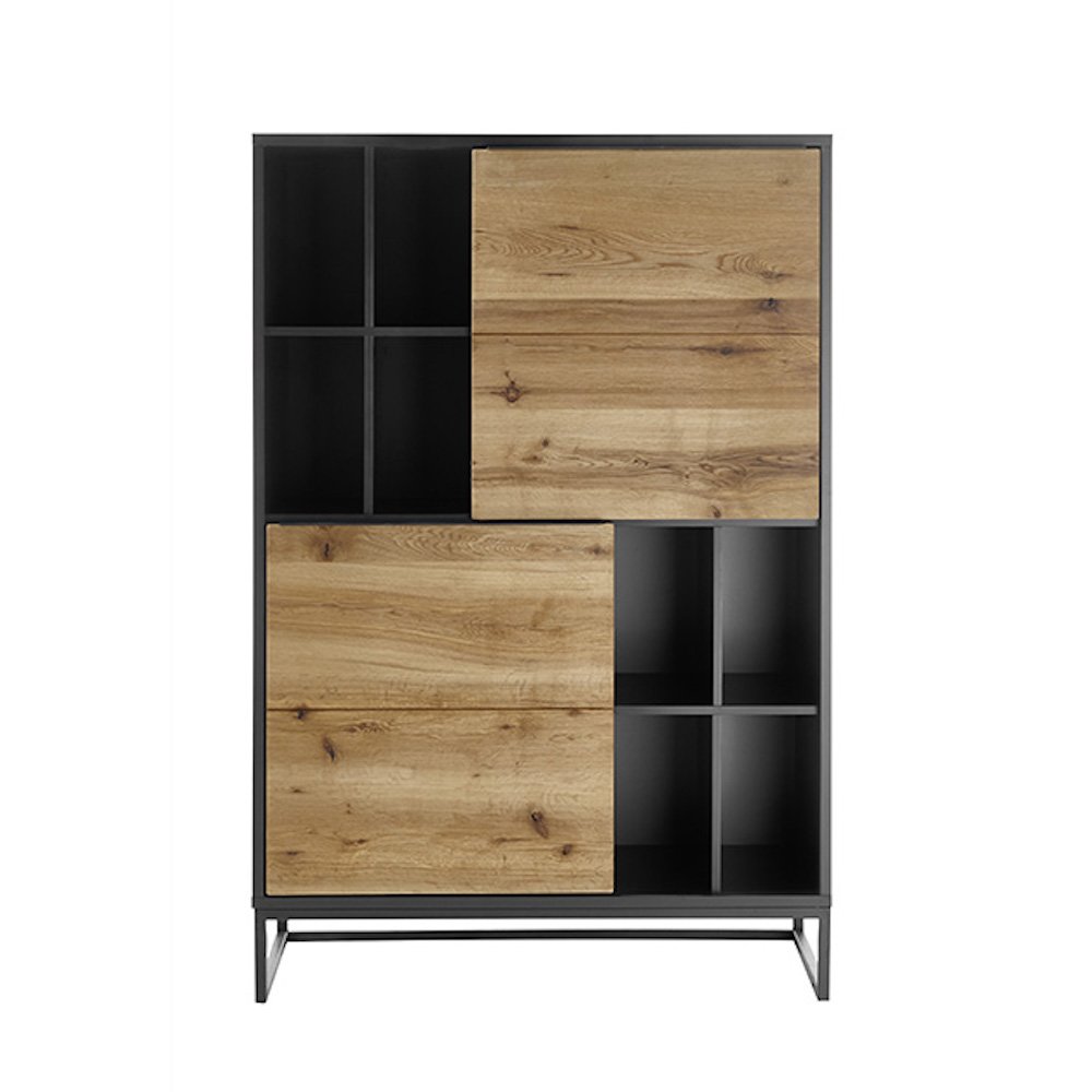 Commode ABOU chêne, gris anthracite 2 portes 8 niches piètement metal noir