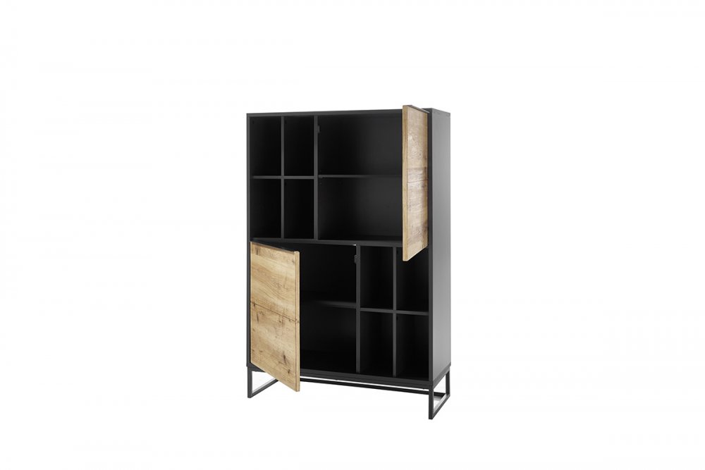 Commode ABOU chêne, gris anthracite 2 portes 8 niches piètement metal noir