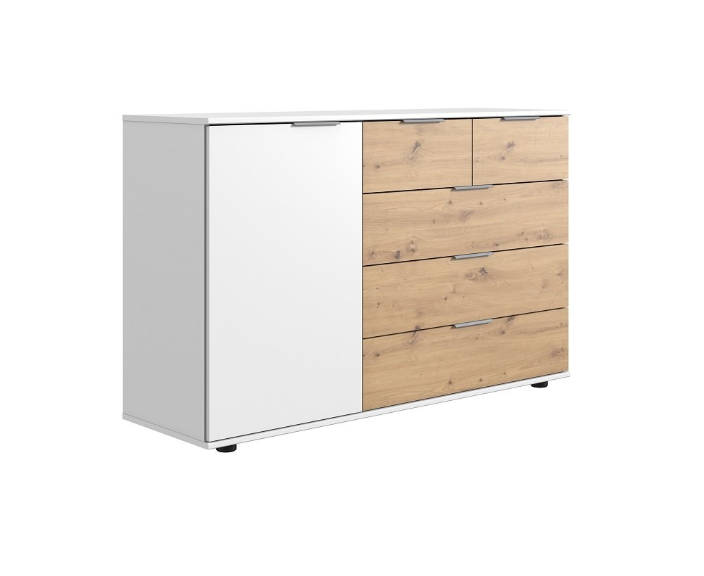 Commode GIRBO 1 porte 5 tiroirs coloris blanc brillant rechampis imitation chêne artisan