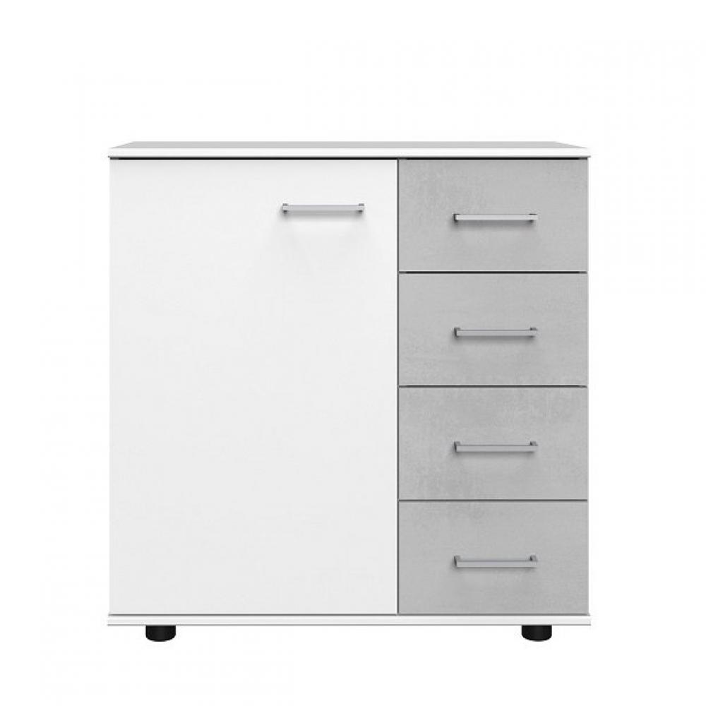 Commode combinée ANGELA 4 tiroirs gris clair 1 porte blanc mat