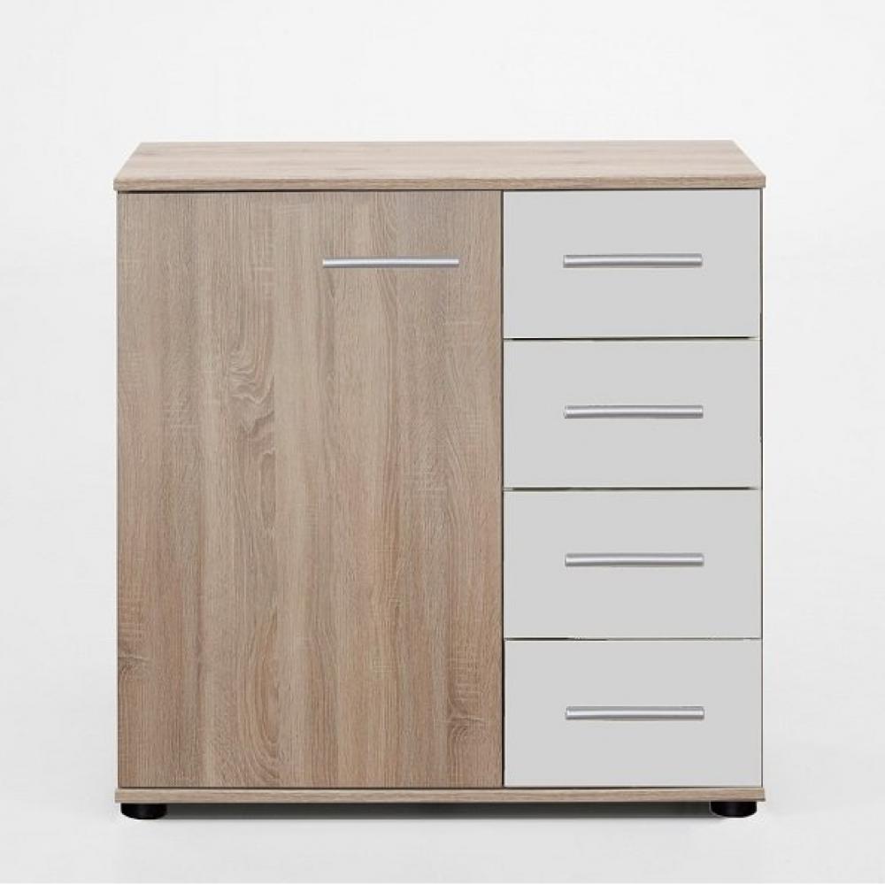 Commode Buffet EVA 4 tiroirs blanc mat 1 porte chêne clair