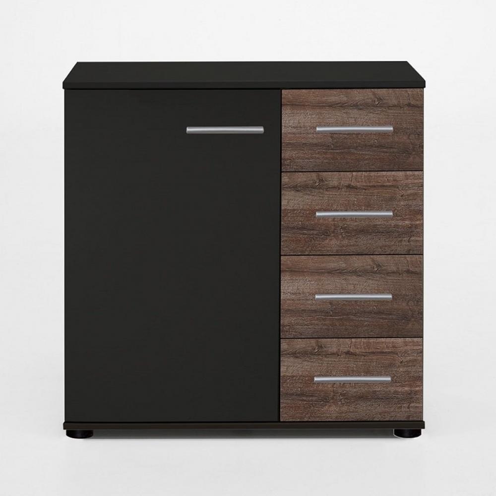Commode Buffet EVA 4 tiroirs chêne châtaigne 1 porte graphite