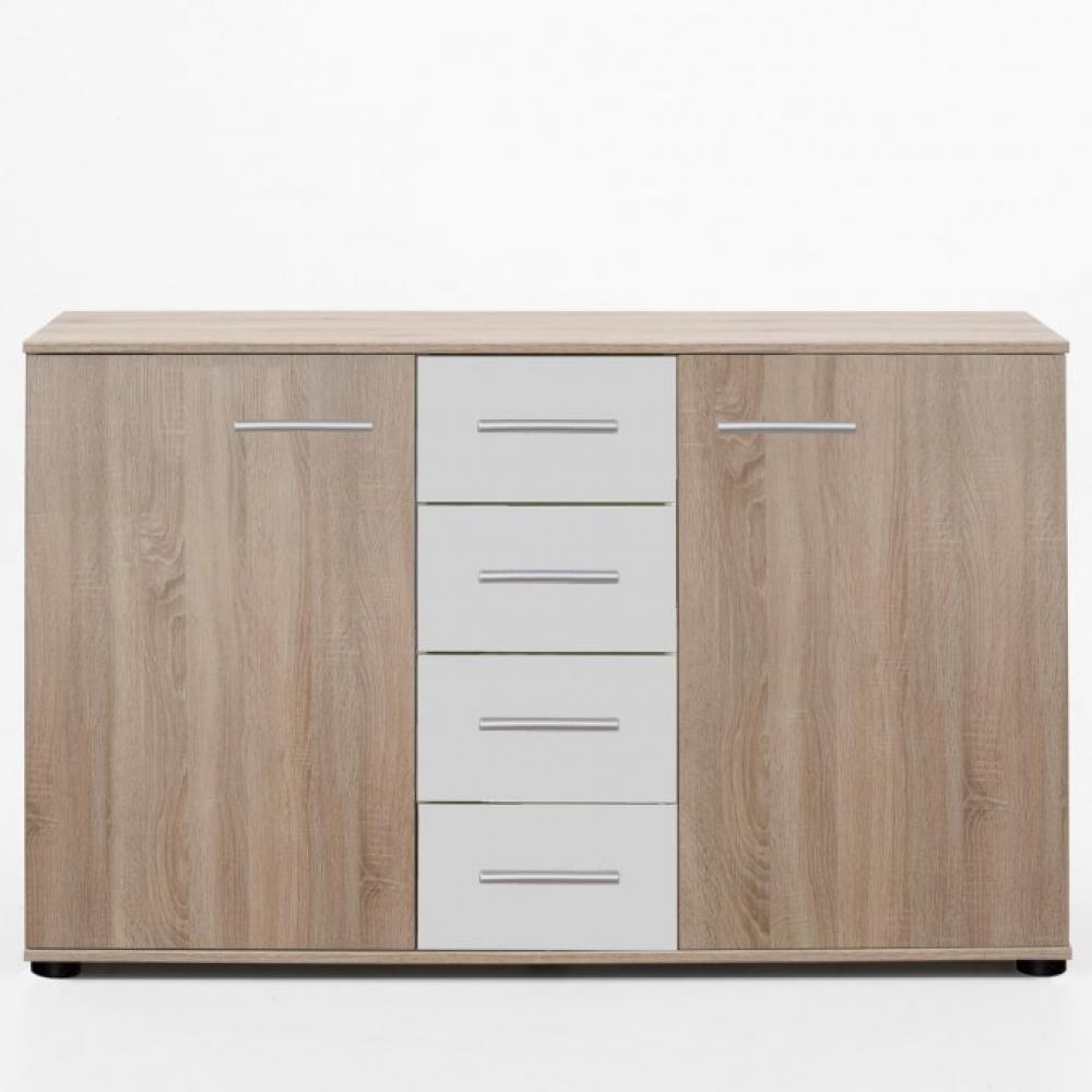Commode Buffet EVA 4 tiroirs blanc mat 2 portes chêne clair 