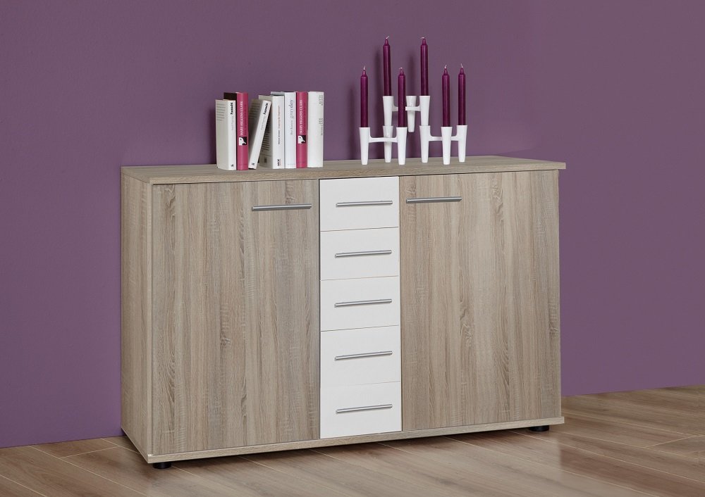 Commode Buffet EVA 4 tiroirs blanc mat 2 portes chêne clair 