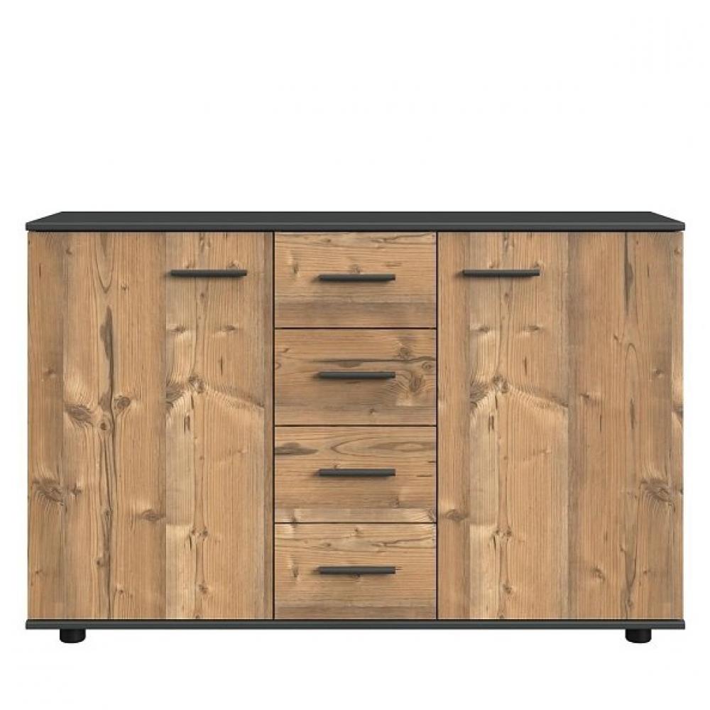 Commode Buffet IDAHO 4 tiroirs 2 portes chêne silver vieilli plateau graphite