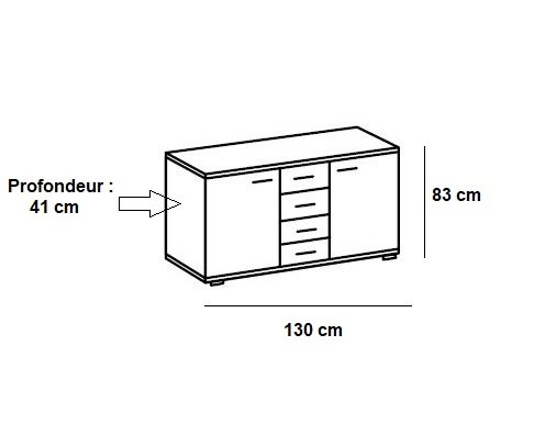 Commode Buffet IDAHO 4 tiroirs 2 portes chêne silver vieilli plateau graphite
