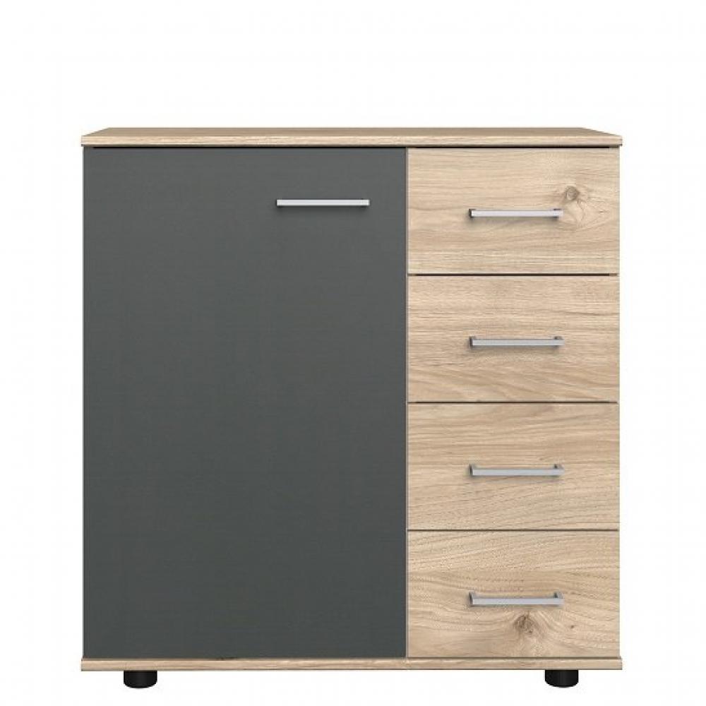 Commode Buffet JANA 4 tiroirs chêne clair 1 porte graphite
