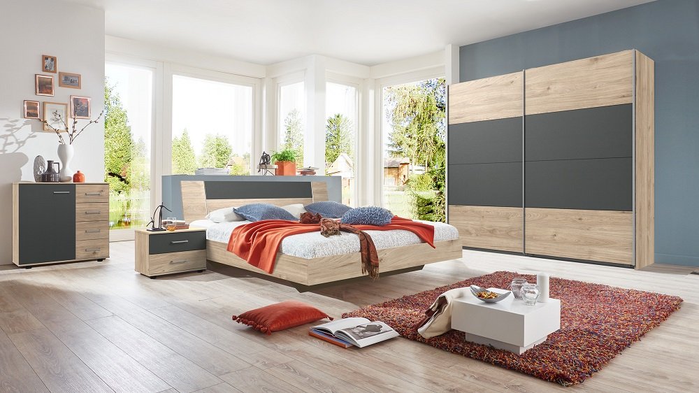 Commode Buffet JANA 4 tiroirs chêne clair 1 porte graphite