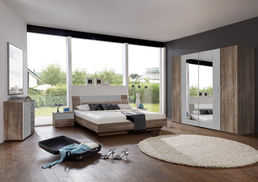 Commode Buffet JANA 4 tiroirs chêne châtaigne 1 porte gris béton