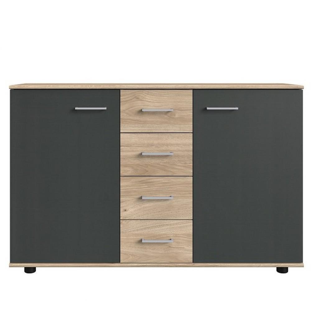 Commode Buffet JANA 4 tiroirs chêne clair 2 portes graphite