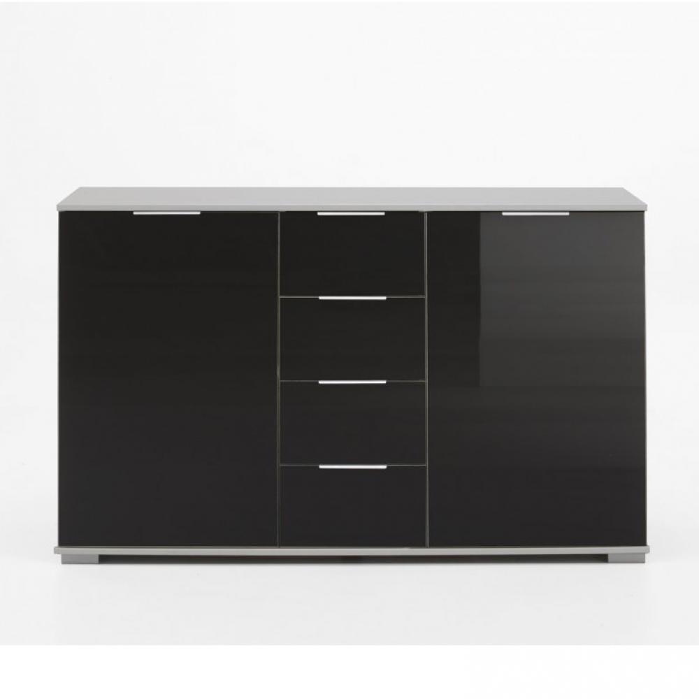 Commode ENSSE 4 tiroirs 2 portes blanc verre noir