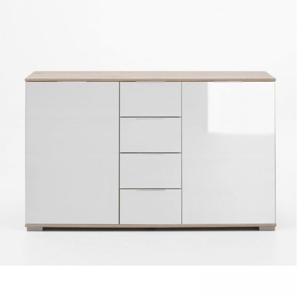 Commode ENSSE 4 tiroirs 2 portes chêne et verre blanc
