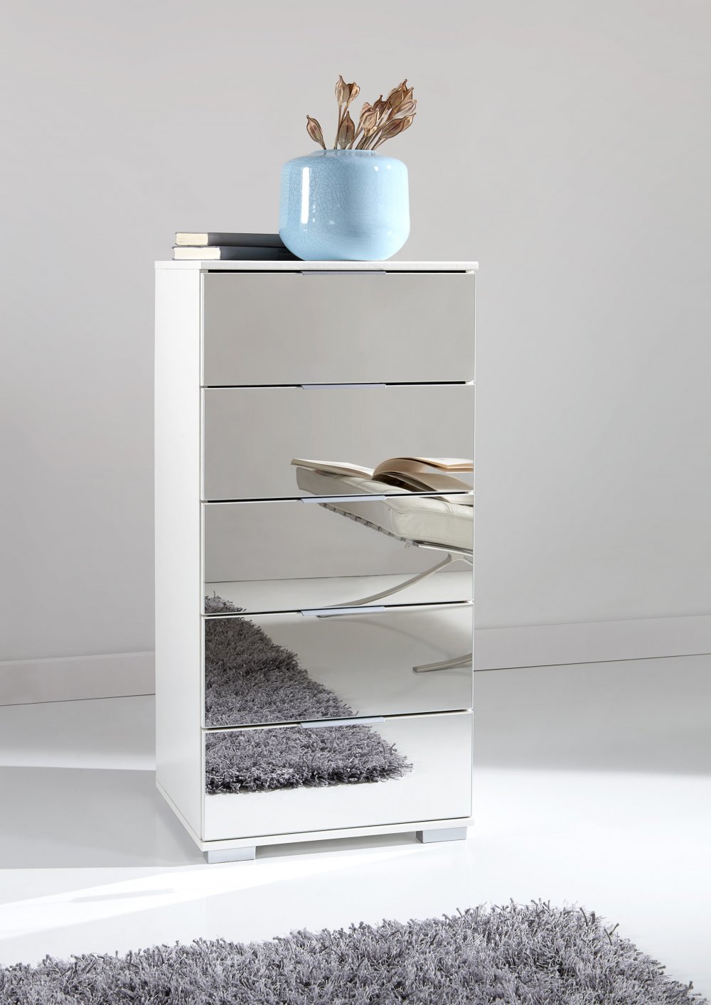 Commode ENSSE 5 tiroirs blanc et miroir