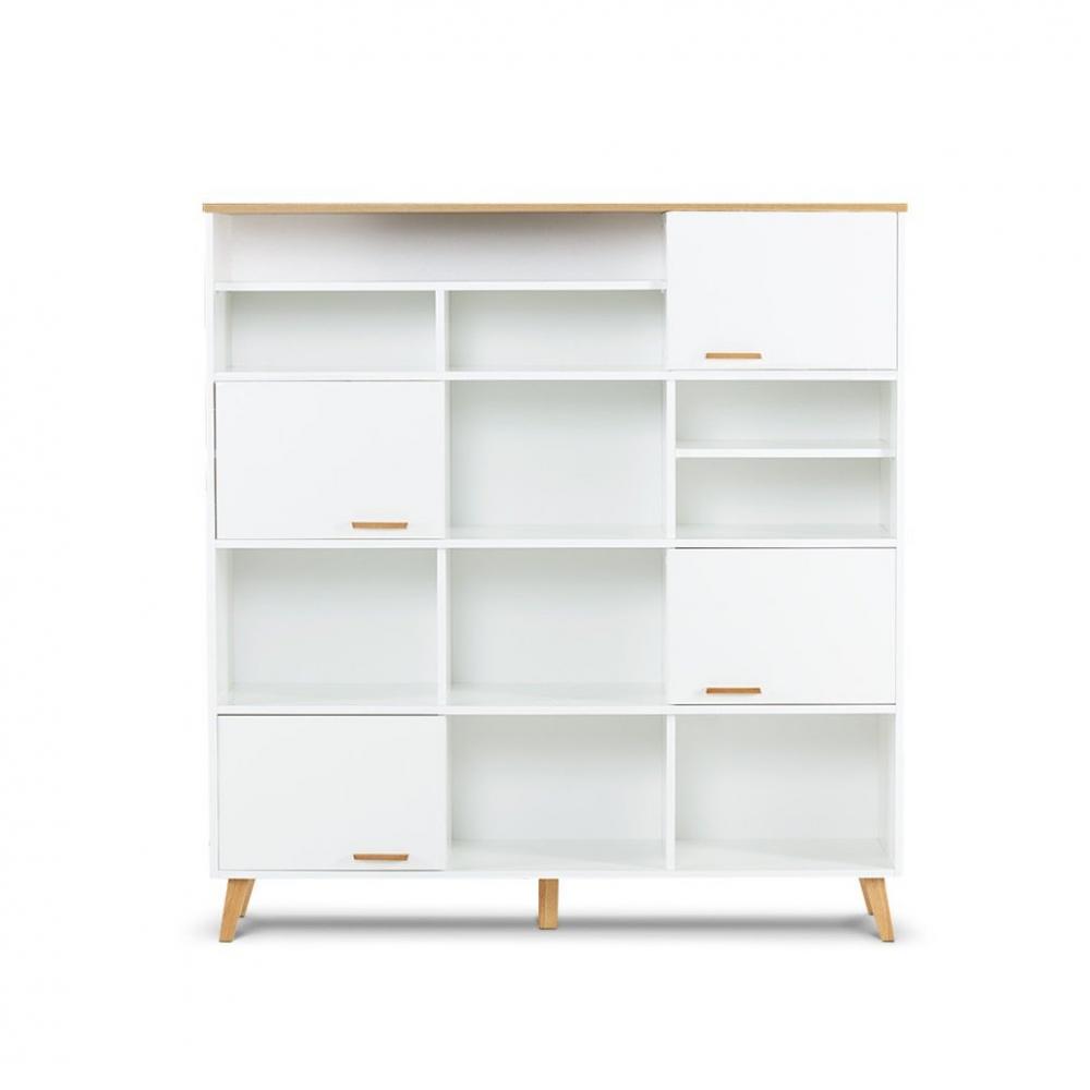 Commode FREDO blanche, 4 portes 10 niches, piètement chêne naturel
