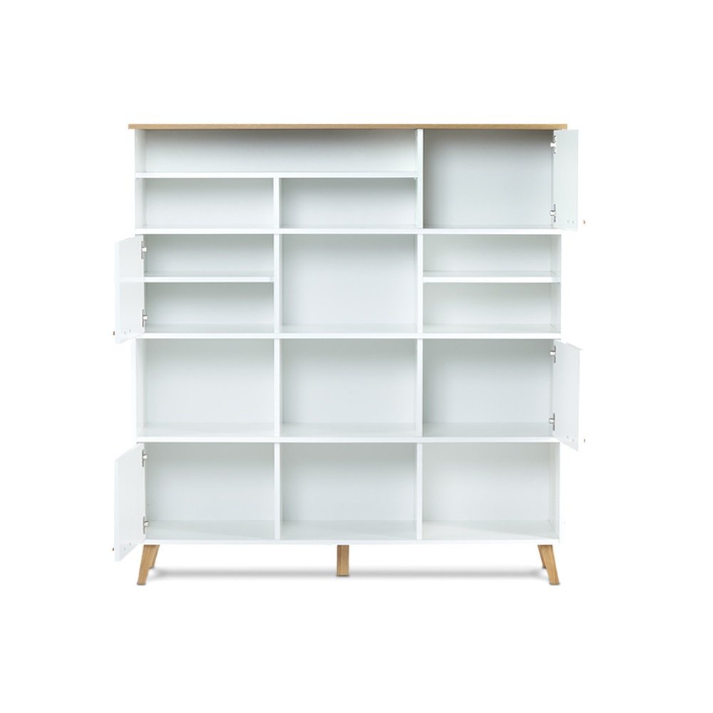 Commode FREDO blanche, 4 portes 10 niches, piètement chêne naturel