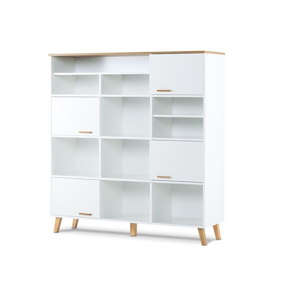 Commode FREDO blanche, 4 portes 10 niches, piètement chêne naturel
