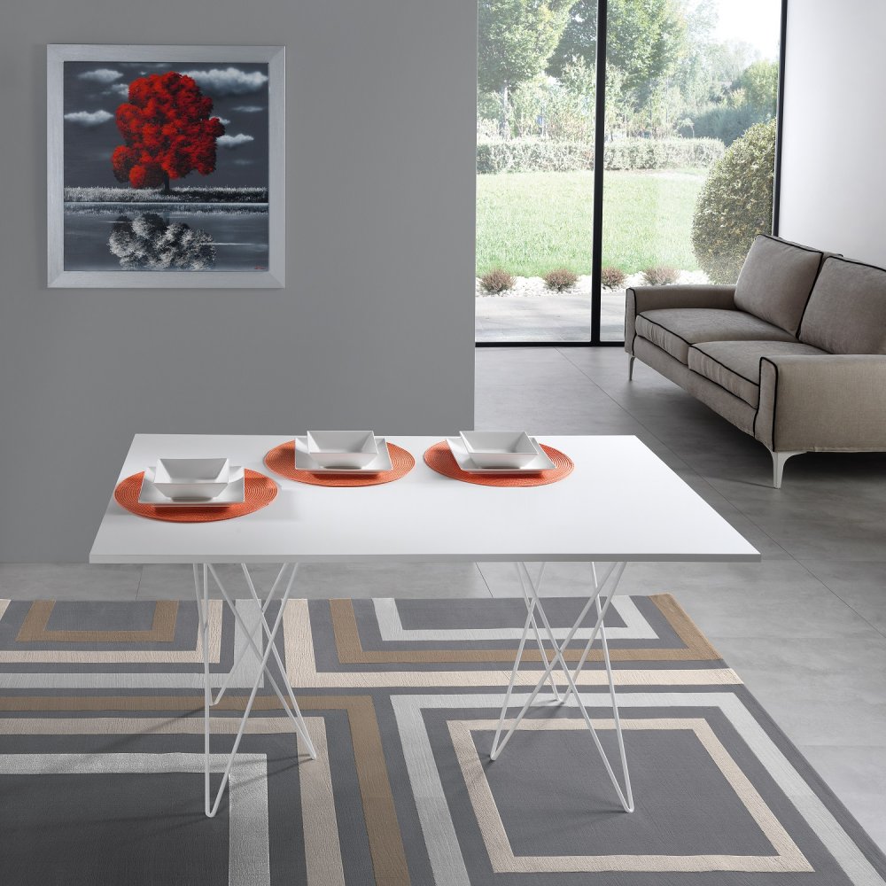 Table console extensible 6 couverts HERMES 140 cm blanc pieds métal plateau stratifié