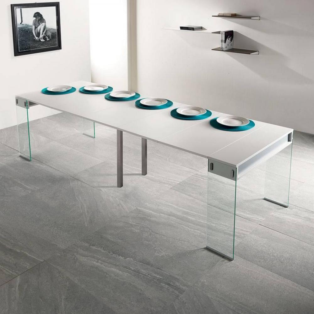 Table console extensible STEF chêne blanc piétement en verre largeur 90 cm