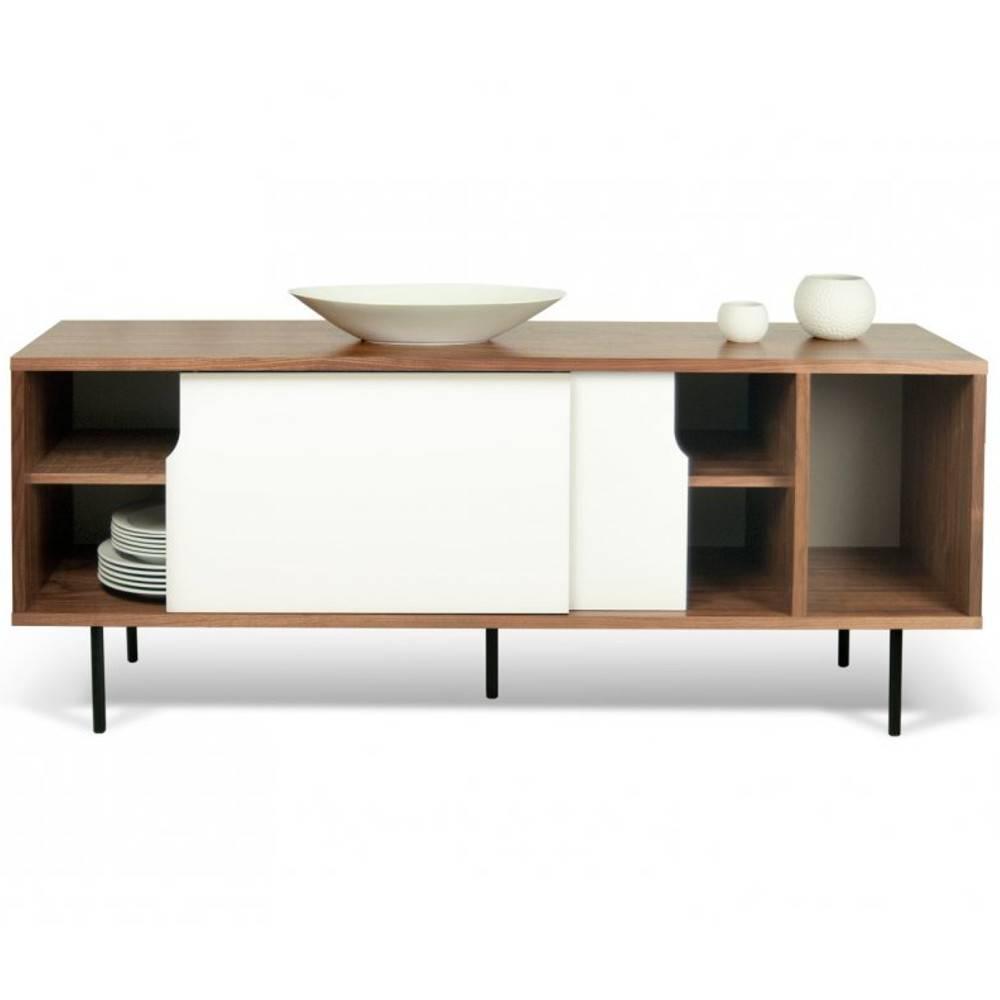 DANN buffet design noyer avec 2 portes coulissantes blanches piétement acier noir