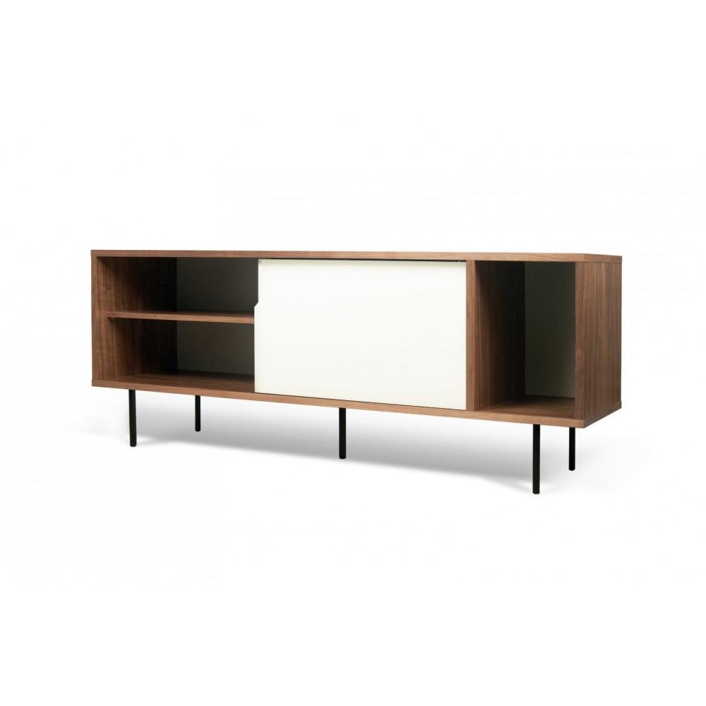 DANN buffet design noyer avec 2 portes coulissantes blanches piétement acier noir