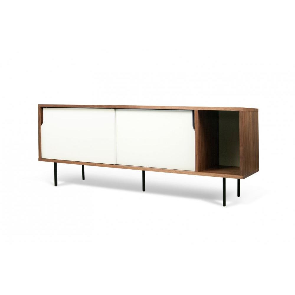 DANN buffet design noyer avec 2 portes coulissantes blanches piétement acier noir
