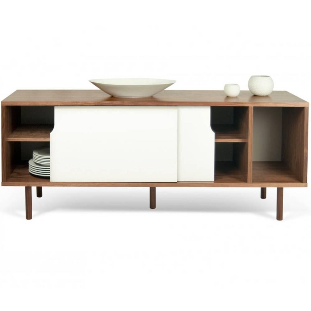 DANN buffet design noyer avec 2 portes blanches piétement noyer