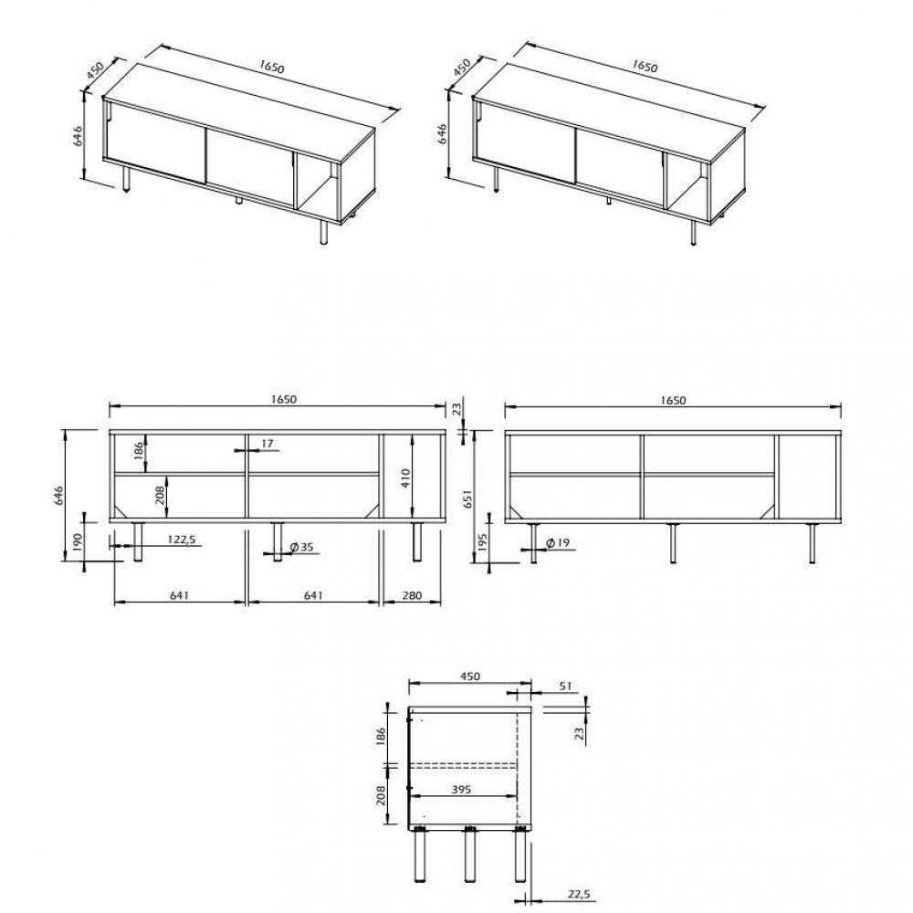 DANN buffet design noyer avec 2 portes blanches piétement noyer