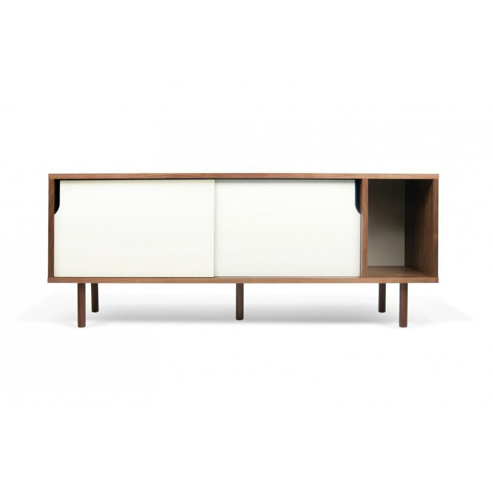 DANN buffet design noyer avec 2 portes blanches piétement noyer