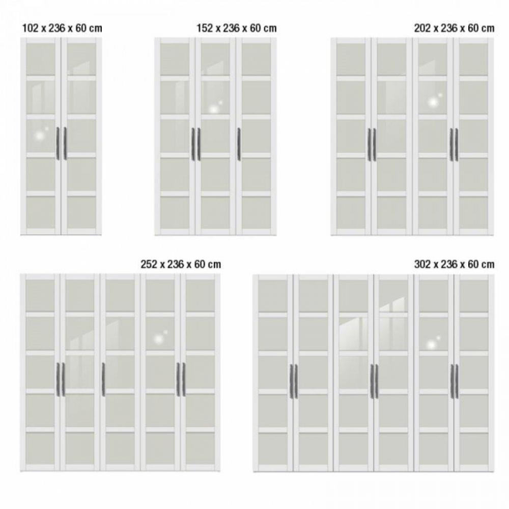 Dressing penderie MILAN trois portes à battant blanc avec carreaux en verre givré, corps blanc mat.