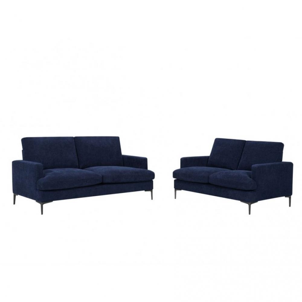 Ensemble canapé droit 3+2 places LANA tissu bleu pieds métal