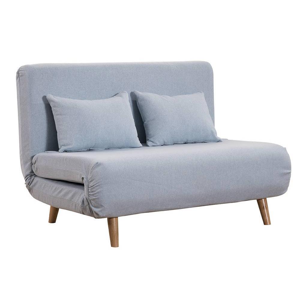 Canapé 2 places convertible design scandinave ULTRECHT pieds chêne clair tissu microfibre bleu clair
