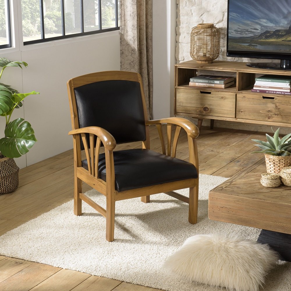Fauteuil DAK en Cuir Noir et Teck Style Colonial