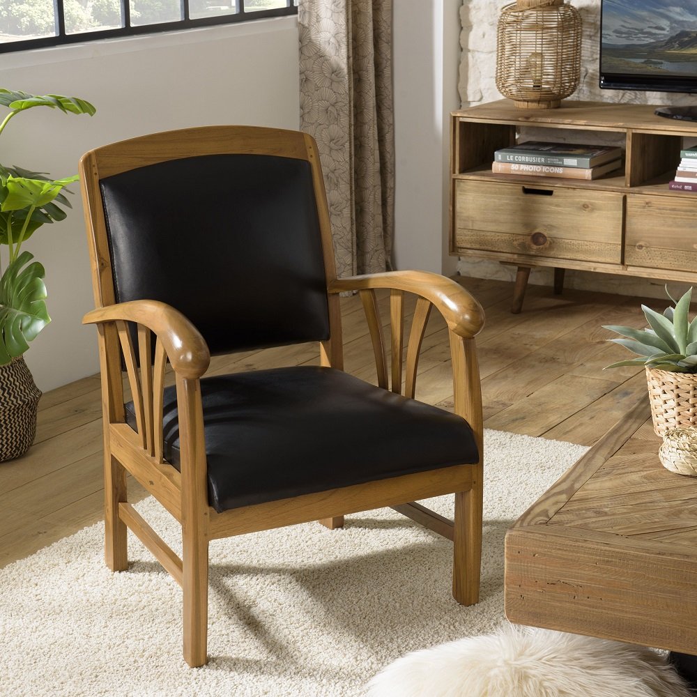 Fauteuil DAK en Cuir Noir et Teck Style Colonial