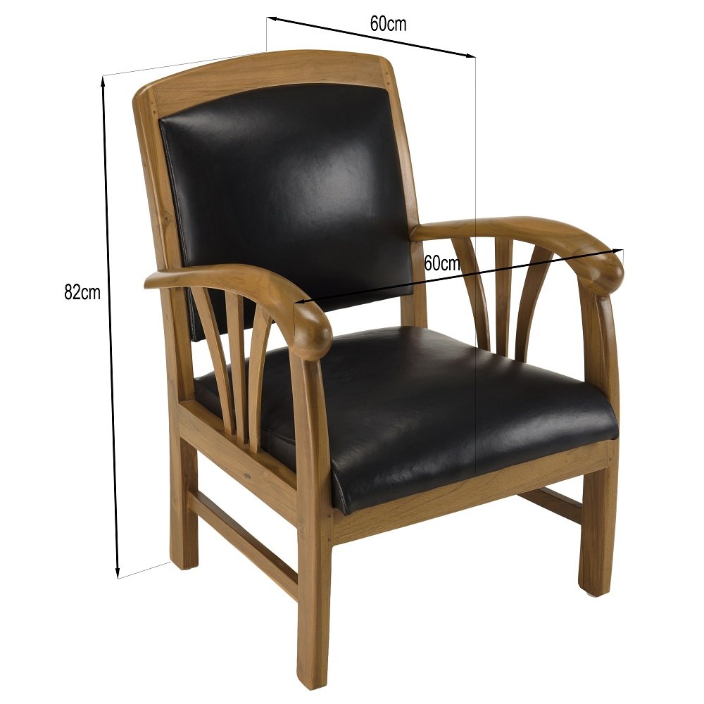 Fauteuil DAK en Cuir Noir et Teck Style Colonial