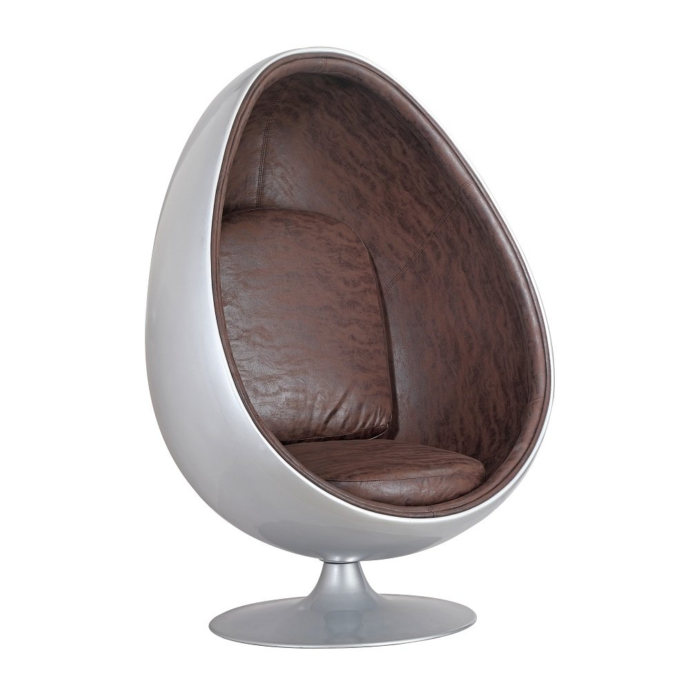 Fauteuil pivotant Oeuf, Egg chair coque gris satiné / intérieur microfibre marron vintage Design 70