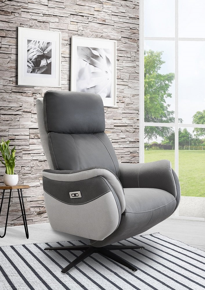 Fauteuil relax électrique CABRIES bi moteur micro gris plomb/perle piètement étoile métal noir
