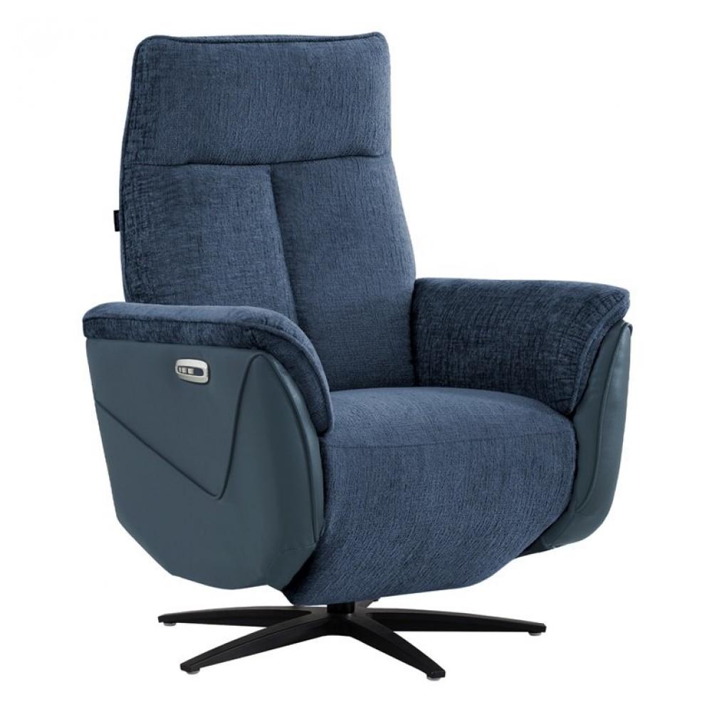 Fauteuil relax pivotant bi moteur ORNATA tissu chenillé & pvc bleu nuit